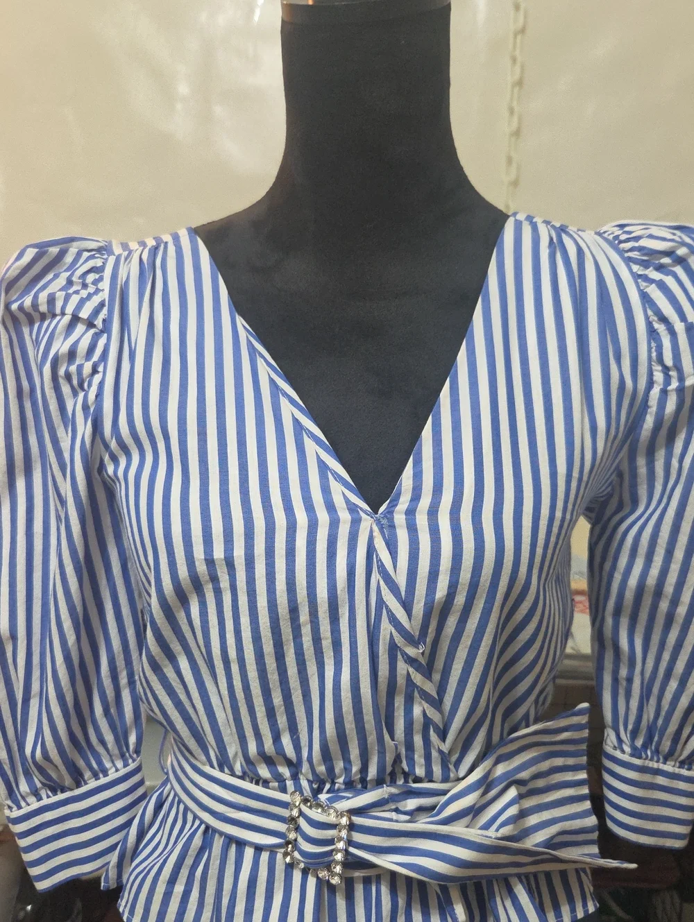 ZARA Blue and White Vertical-Striped Faux Wrap Blouse with Puff Sleeves - Medium